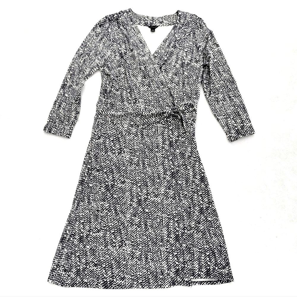Ann Taylor Wrap Dress Women's Size 8 Black White Cream Printed A Line Short